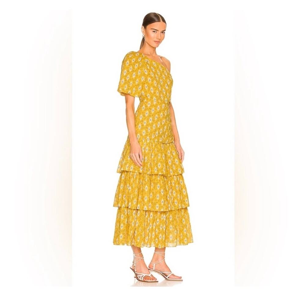 Veronica Beard Virginia Sun Yellow One Shoulder Floral Tiered Maxi Dress Size 16 - Picture 2 of 16